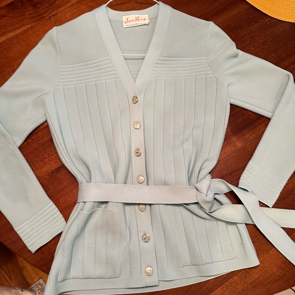 Vintage James Kenrob belted cardigan in primo condition!  Blue. Size small - Picture 1 of 4